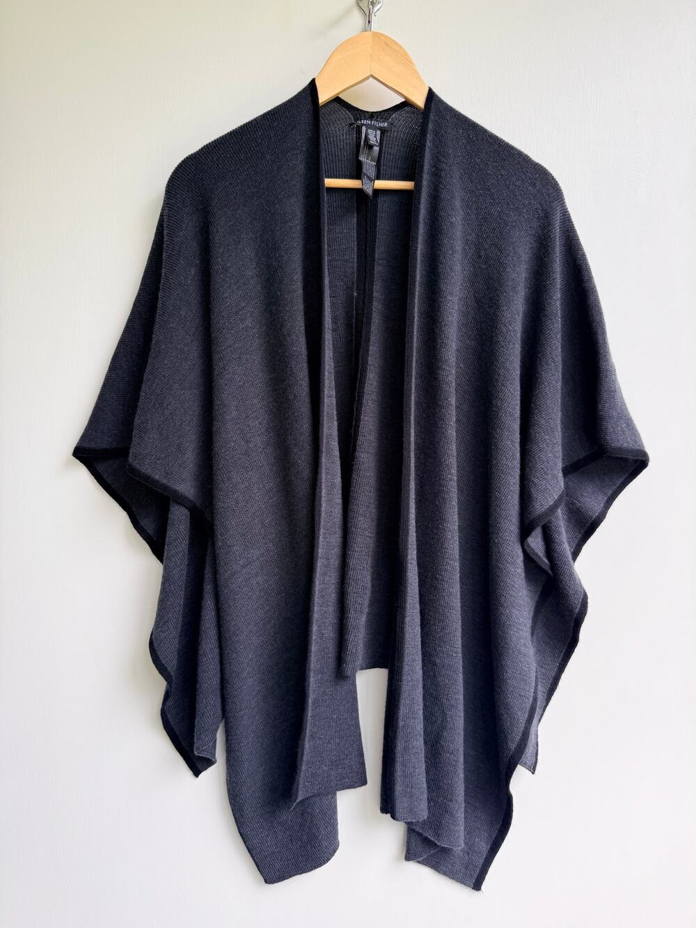 Eileen Fisher Merino Wool Poncho Cape Gray Knit Open Front Wrap One Size OS